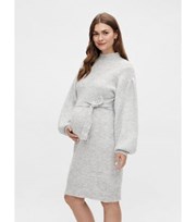 Mama.Licious Mamalicious Maternity Pale Grey Knit High Neck Long Puff Sleeve Midi Dress
